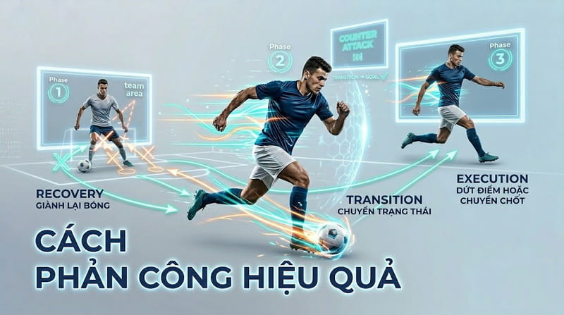 Phản công nhanh trong bóng đá gồm 3 giai đoạn chính