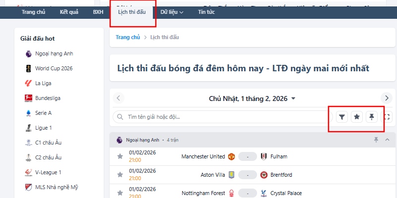 Tính năng lịch thi đấu và bộ lọc FIFADATA cung cấp hỗ trợ tra cứu nhanh